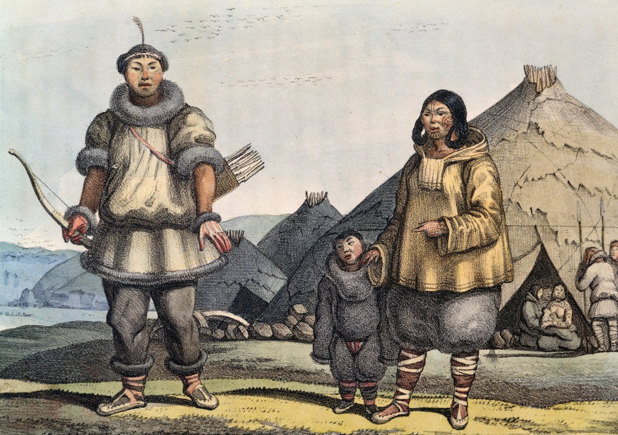 Louis Choris (1795-1828) tšuktšien perhe mökin edessä, Beringin salmi, Venäjä tekijältä Georg Carl Heinrich Dollmann