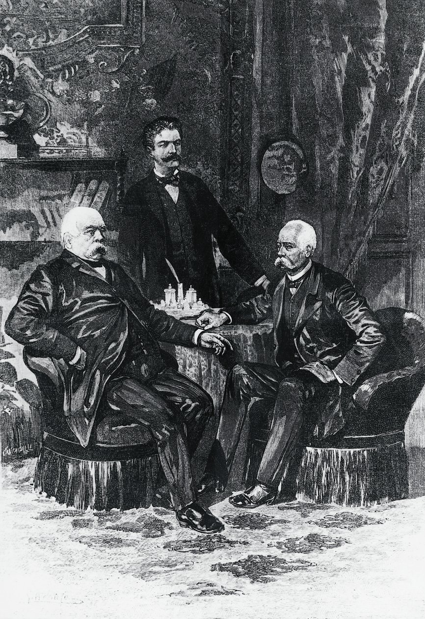 Otto von Bismarckin (1815-1898) ja Francesco Crispin (1819-1901) konferenssi Friedrichsruhessa lokakuussa 1887, Saksa tekijältä William Walcutt