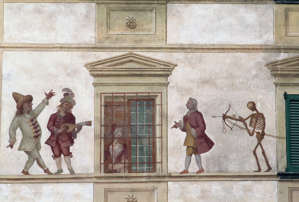 Dance of Death, fresko, Milesin talo, Cassiglio, Lombardia, Italia tekijältä Georg Carl Heinrich Dollmann