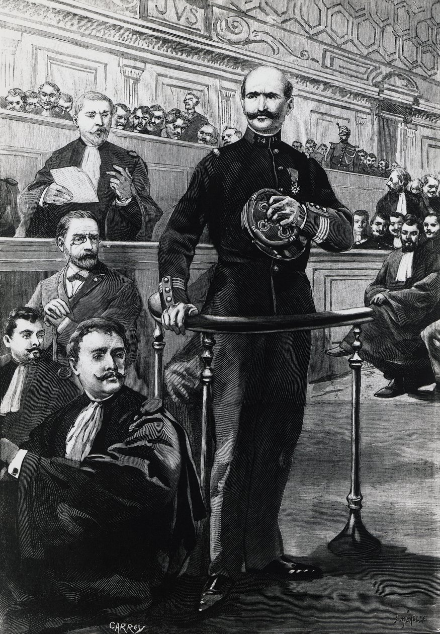 Komentaja Charles Walsin-Esterhazyn laskeutuminen Emile Zolan oikeudenkäynnin aikana tekijältä Georg Carl Heinrich Dollmann