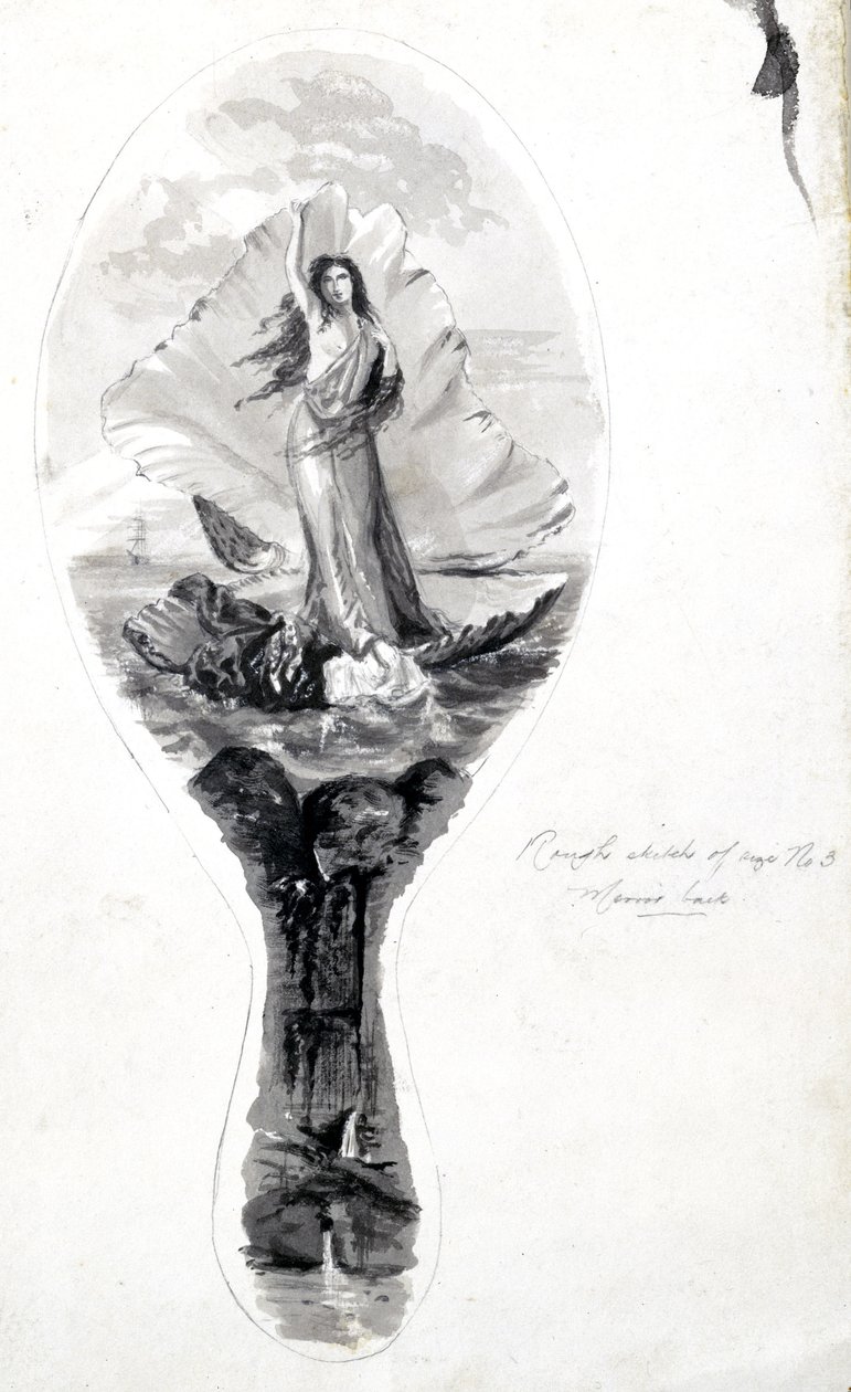 Suunnittelu peilin selkänojalle, jossa on Venus kuoressaan, n. 1870-1875 tekijältä Frederick (attr. to) Barnard