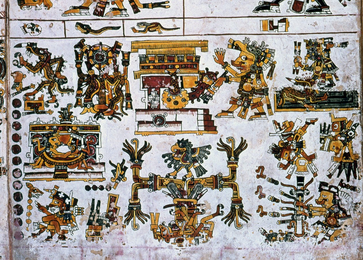 Yksityiskohta faksilla Kopio Codex Borgian sivusta, jossa näkyy neljä suuntaa ja keskikohta (väri litho) tekijältä Hippolyte Lalaise Devéria