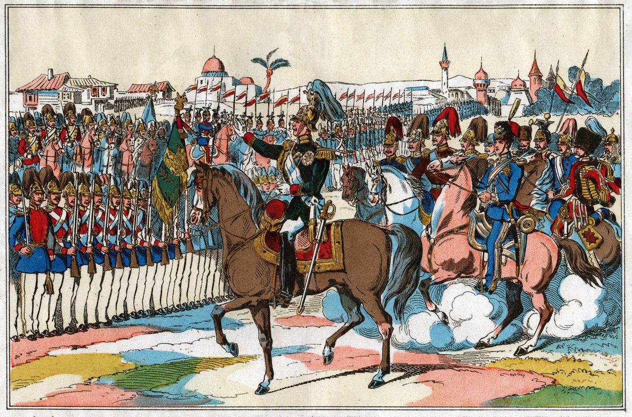 Keisari Aleksanteri II arvioi joukkojaan ennen sodan julistusta Turkille (1877). noin 1880 (kuva) tekijältä . .