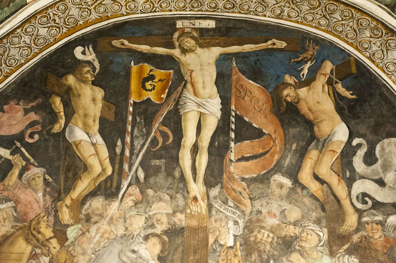 Hans Clemerin kuuluisa ristiinnaulitsemisryhmä, kuoron fresko, Chiesa Parrocchialen seurakuntakirkko, Elva, Cuneon maakunta, Piemonte, Italia, Eurooppa tekijältä Ferdinand Georg Waldmuller
