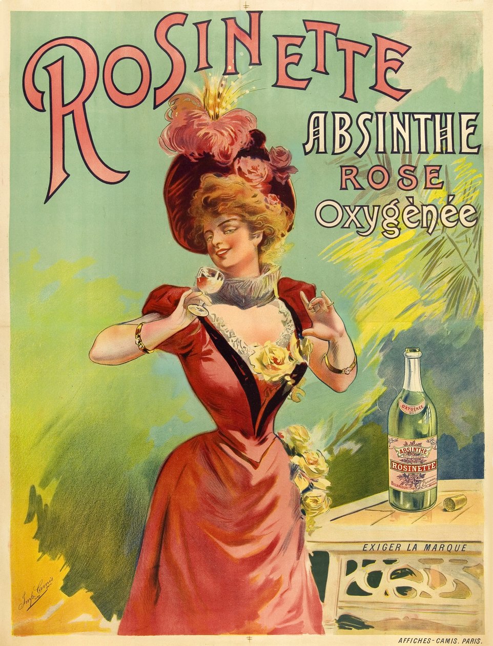 Tyylikäs nainen pukeutunut Belle Epoque -muotiin nauttien lasillisesta absinttia tekijältä Frederick (attr. to) Barnard