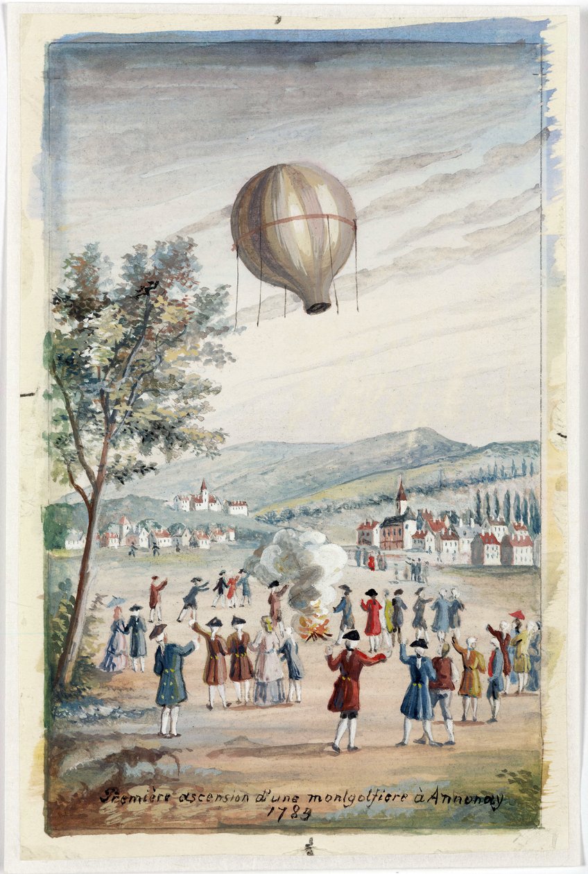 "Montgolfierin ensimmäinen taivaaseenastuminen Annonayssa", Ranska, 5. kesäkuuta 1783 tekijältä Frederick (attr. to) Barnard