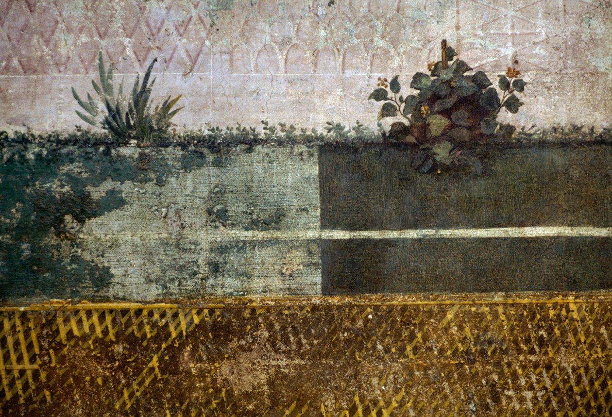 Kukkamaljakko, yksityiskohta freskosta, joka kuvaa puutarhaa hedelmäpuiden ja lintujen kera, Livian talosta Palatine-kukkulalla, Rooma, Italia. Roomalainen sivilisaatio tekijältä Georg Carl Heinrich Dollmann