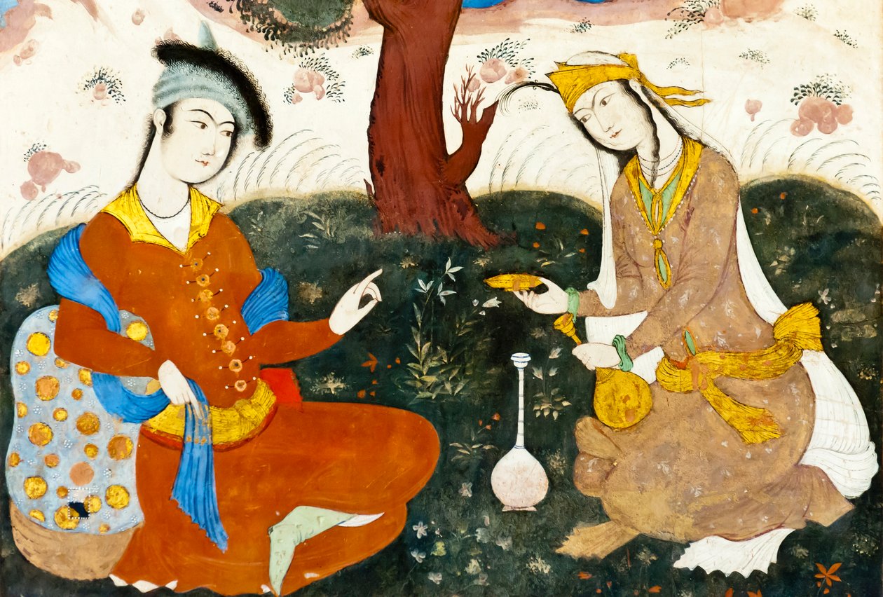 Fresko; kaksi rakastavaista; persialainen miniatyyri; Chehel Sotoun; Neljänkymmenen pilarin palatsi; Isfahan; Iran; Aasia tekijältä Frederick (attr. to) Barnard