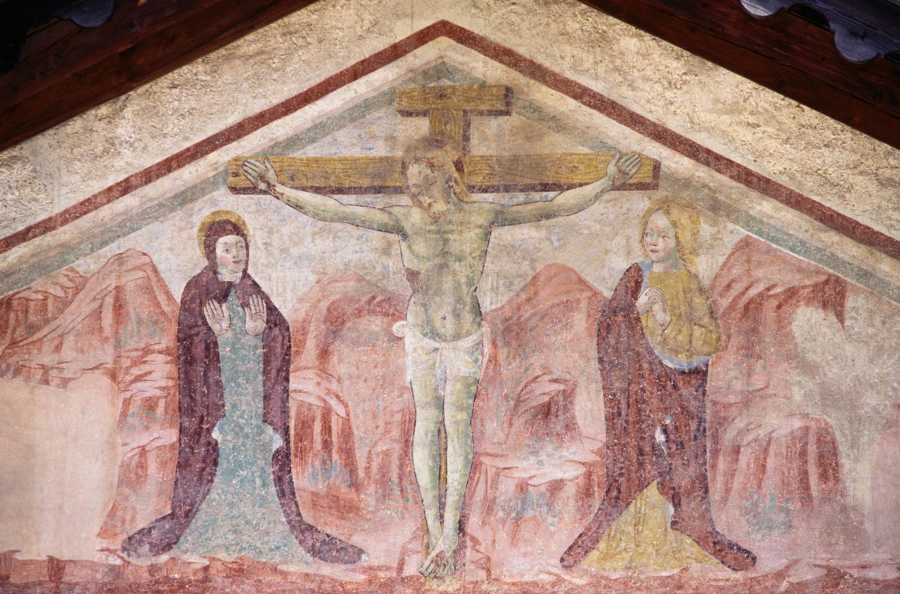 Fresko ristiinnaulitsemalla Pyhän Antoniuksen kirkon tympanumissa, Romeno, Trentino-Alto Adige, Italia tekijältä William Walcutt