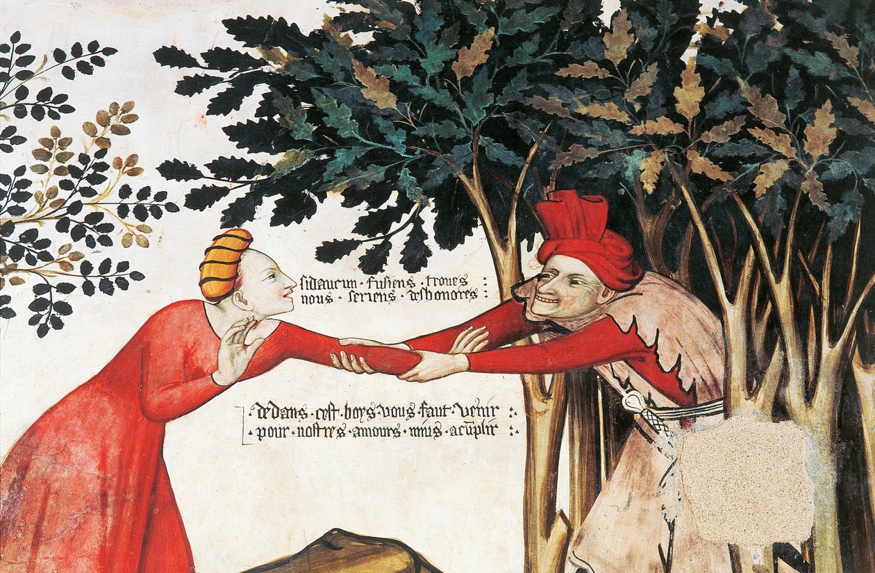 Baronial Hallin freskot (1400-luku), Della Mantan linna, Manta (Cuneo), Piemont, Italia tekijältä Pier Francesco Fiorentino