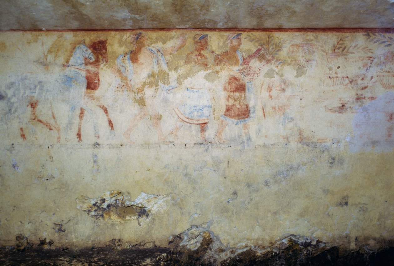 Hautajaiskulkue tanssijoiden ja muusikoiden kanssa, fresko, Sinisten demonien hauta, Tarquinian nekropolis (UNESCOn maailmanperintöluettelo, 2004), Lazio, Italia Etruskien sivilisaatio, 5. vuosisata eKr. tekijältä Georg Carl Heinrich Dollmann