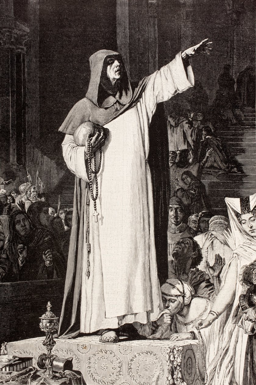 Girolamo Savonarola (1452 1498), italialainen dominikaaninen pastori, joka saarnasi moraalittomuutta ja syntiin houkuttelevaa ylellisyyttä vastaan, De Langemantelsin teoksen "El Mundo Ilustradosta", julkaistu Barcelonassa, noin 1880 jälkeen. tekijältä Ferdinand Georg Waldmuller