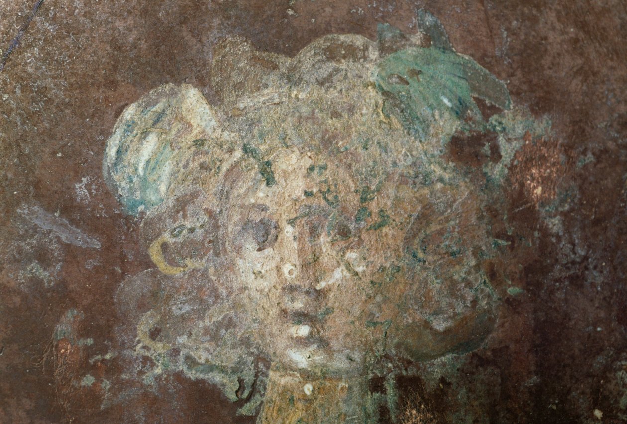 Medusan pää, yksityiskohta Perseusta kuvaavasta fresosta, muinaisesta Stabiaen kaupungista, Castellammare di Stabiasta, Campaniasta, Italiasta, roomalaisesta sivilisaatiosta (kuva) tekijältä William Walcutt