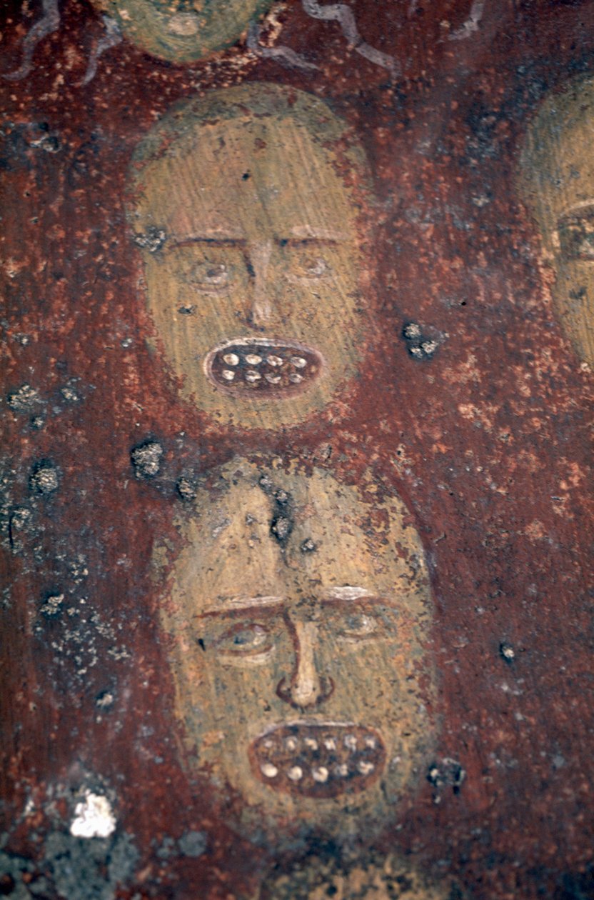 Heads of damned, Last Judgment -fresko bysanttilaisessa Odigitrian tai Agitrian kirkossa, Manin niemimaalla, Peloponnesos, Kreikka tekijältä Georg Carl Heinrich Dollmann
