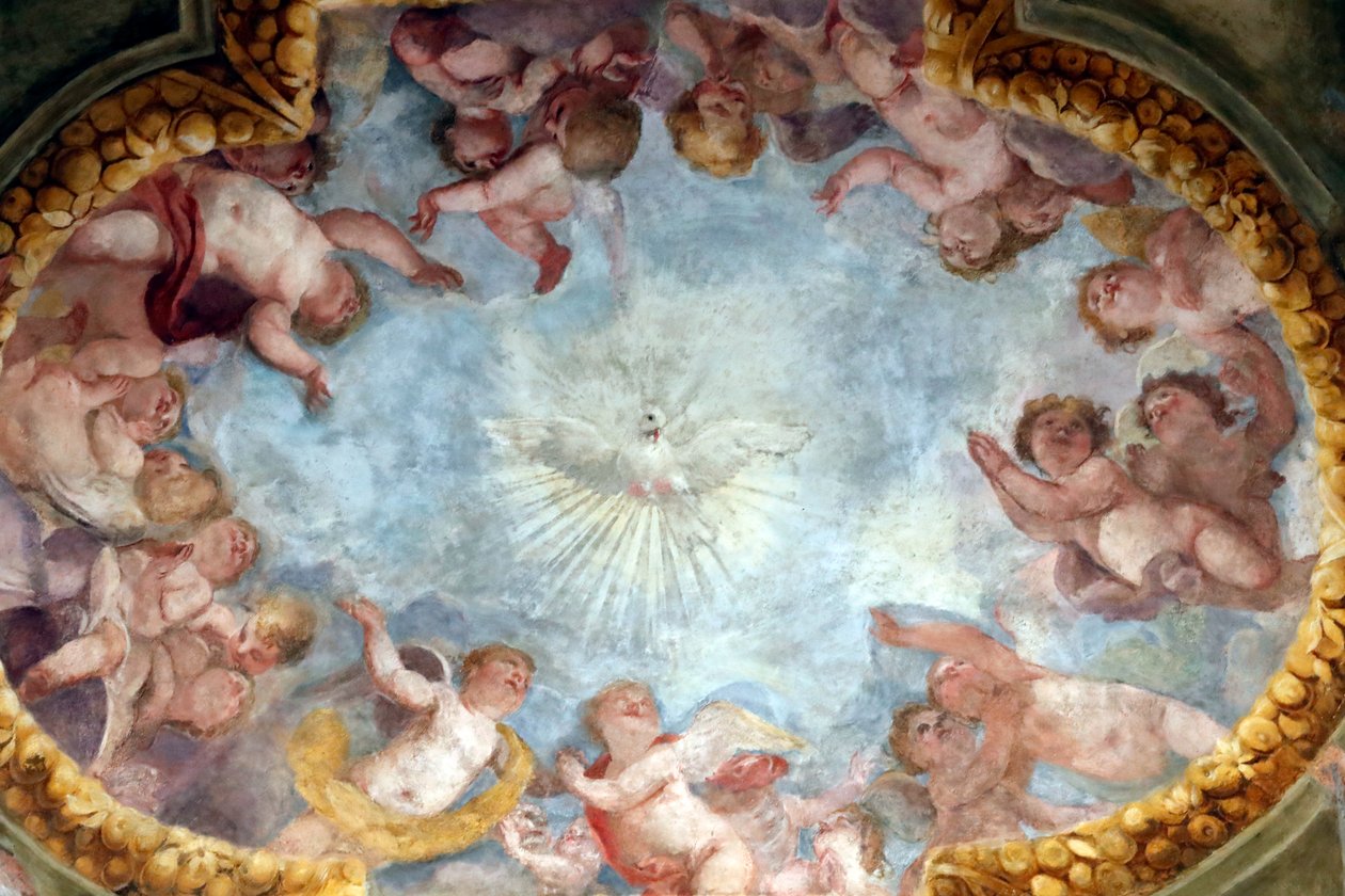 Pyhä henki ja enkelit. Fresko. Santa Maria delle Vigne -basilika. Genova. Italia. tekijältä . .