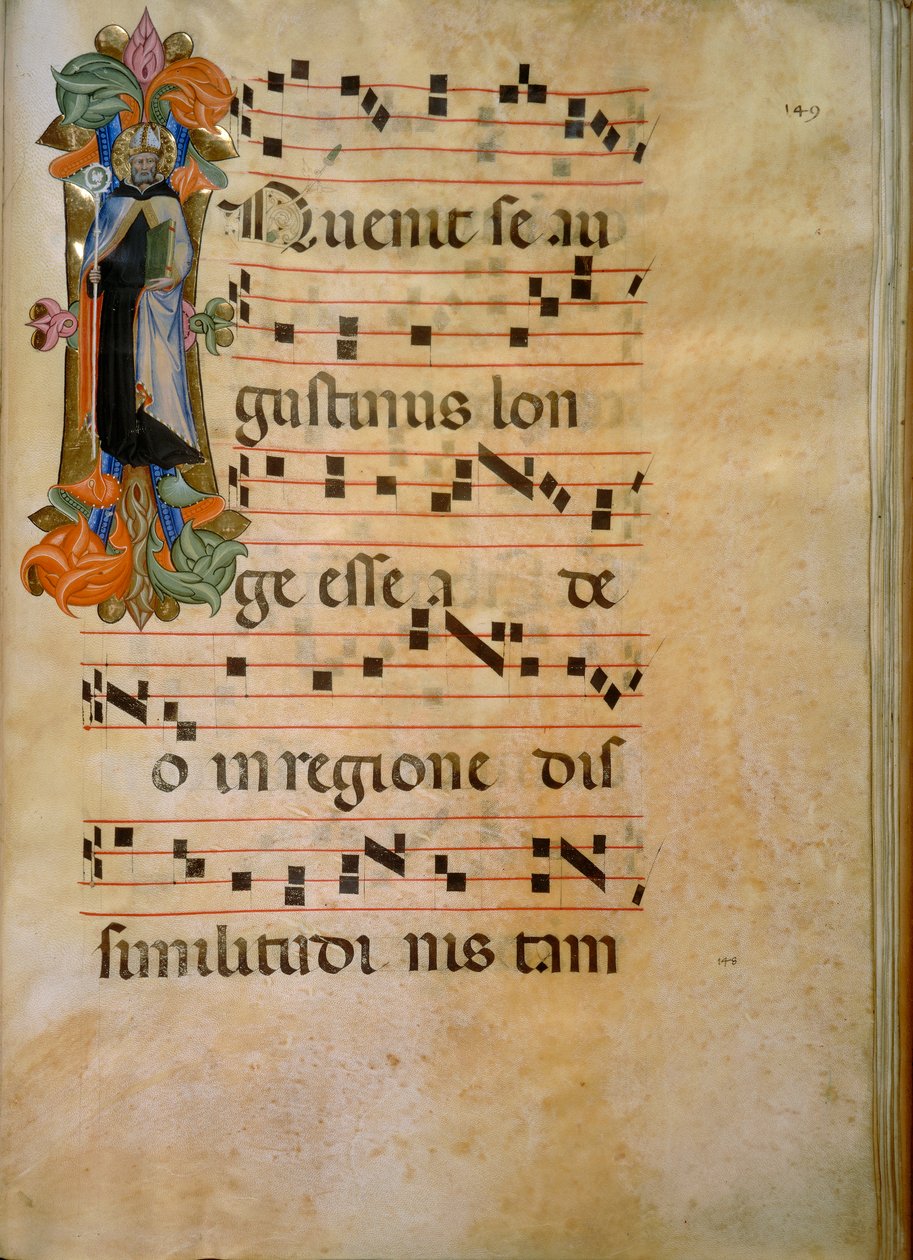 Valaistu nimikirjain Pyhän Augustinuksen hahmolla (Corale 19, n. 149), Silvestro dei Gherarduccin teos Santa Maria degli Angelin kuorokirjaan 19, joka on konservoitu Biblioteca Medice-Laurenzianassa Firenzessä tekijältä Henry Charles Fehr