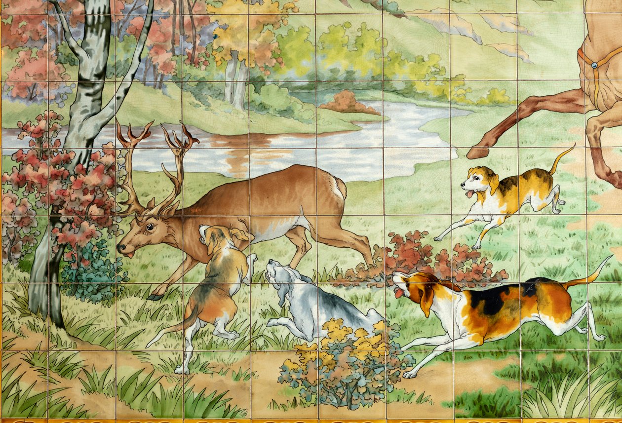 Sisäkuva, laattapaneeli, maalari Furcy Ernest Tondeur, toimeenpanija Boch Frères La Louvière, ensimmäinen paneeli, metsästyskohtaus kolmen ratsumiehen kanssa, yksityiskohta tekijältä . .