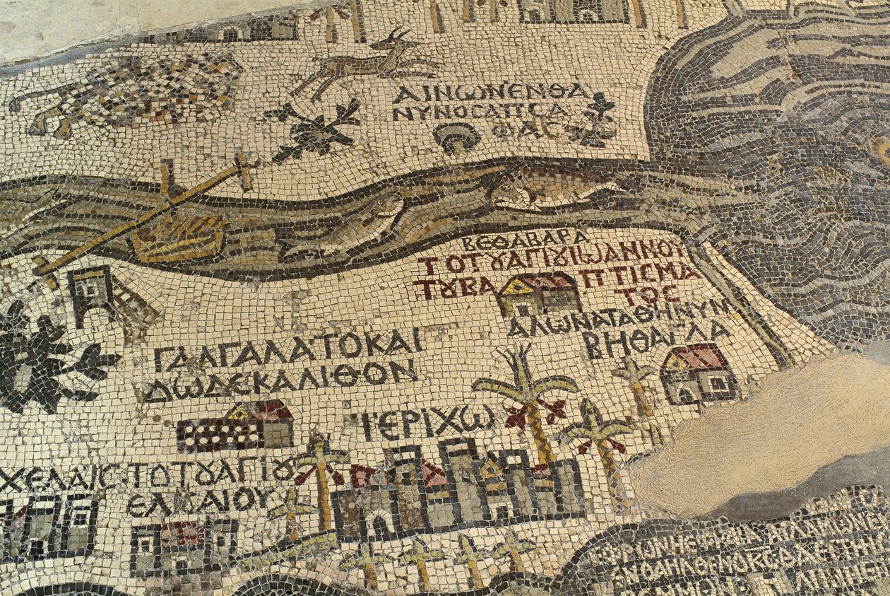 Jericho ja sen ympäristö, mukaan lukien Jordan-joki ja kuollut meri, yksityiskohta Pyhän maan kartasta, lattiamosaiikki, noin 560 jKr., Pyhän Yrjön basilikan apisi, Madaba, Jordania, Bysantin sivilisaatio, 6. vuosisata jKr. tekijältä School Lebanese