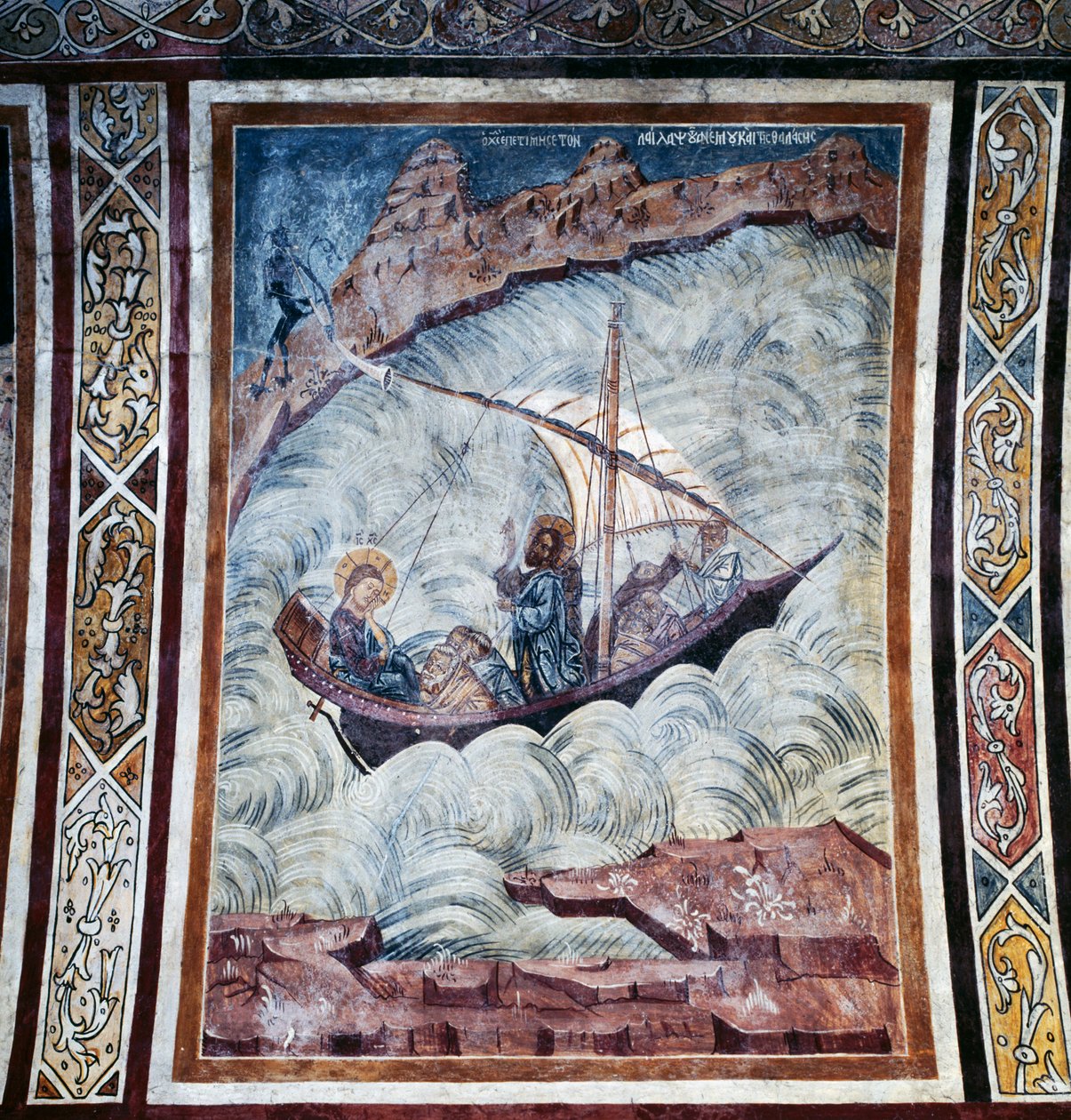 Jeesus rauhoittava myrsky, fresko Tharin luostarin kirkon holvissa, Rodoksen saari, Kreikka tekijältä Georg Carl Heinrich Dollmann