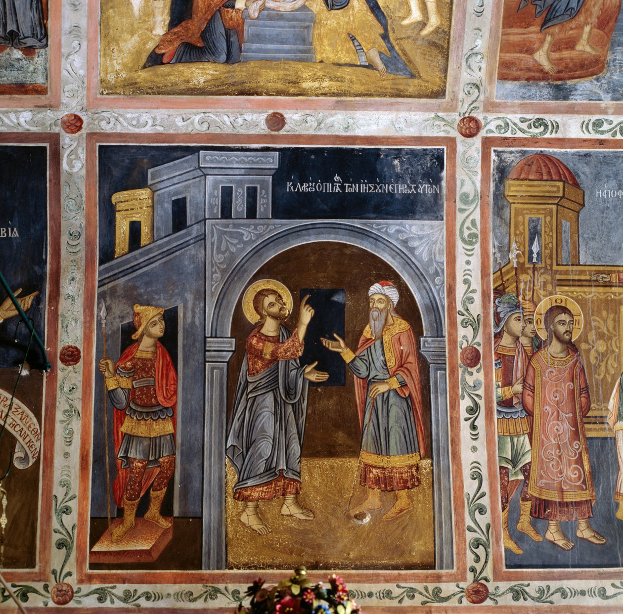 Jeesus puhuu Pontius Pilatukselle, freskoholvi, jossa on kohtauksia Jeesuksen elämästä, Mikro Sotiris -luostari, Symin saari, Kreikka (kuva) tekijältä Georg Carl Heinrich Dollmann