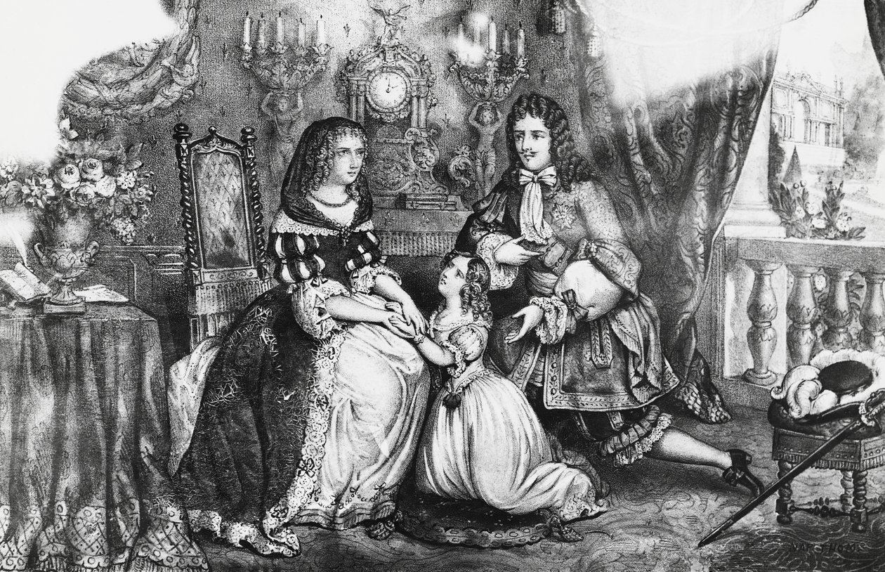 Kuningas Ludvig XIV ja hänen tyttärensä pyytävät herttuatar Louise de La Vallierea, ettei hän vetäytyisi luostariin tekijältä Georg Carl Heinrich Dollmann