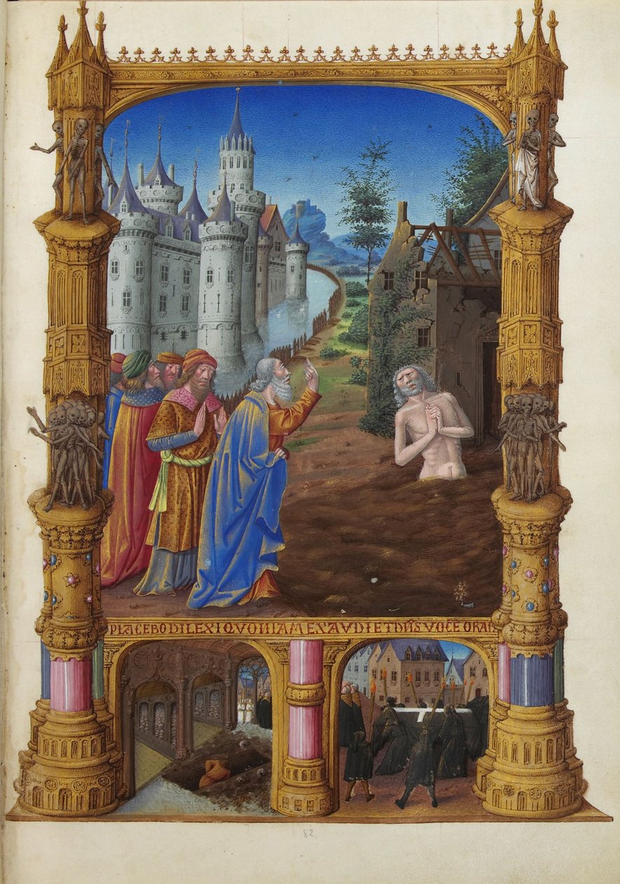 Les Très Riches Heures du Duc de Berry, Folio 82r - Ystäviensä pilkkaama Job Musée Condé, Chantilly. Job, hänen vaimonsa ja ystävänsä. tekijältä Unbekannt 2321