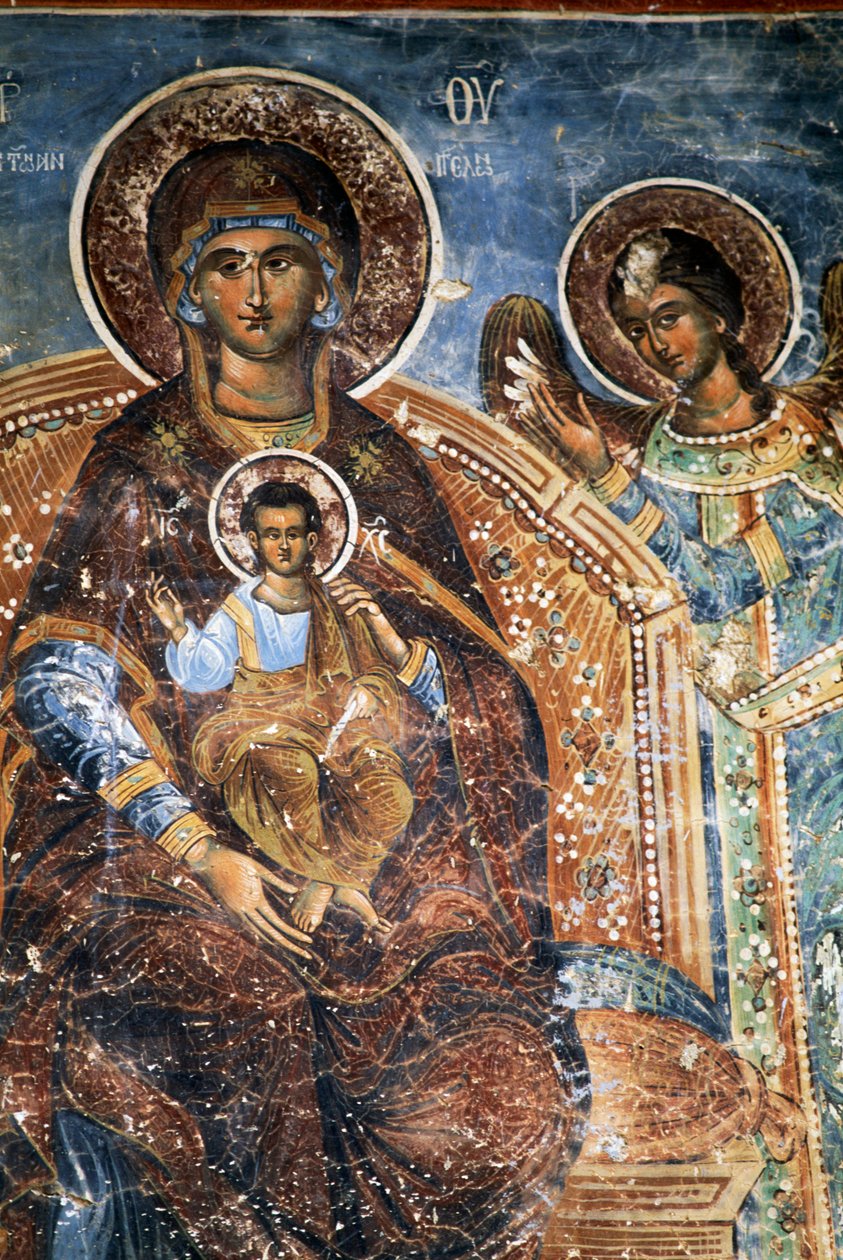 Madonna lapsen ja enkelin kanssa, fresko Ano Pedinan luostarissa, lähellä Papigoa, Zagoria, Epirus, Kreikka (kuva) tekijältä Georg Carl Heinrich Dollmann