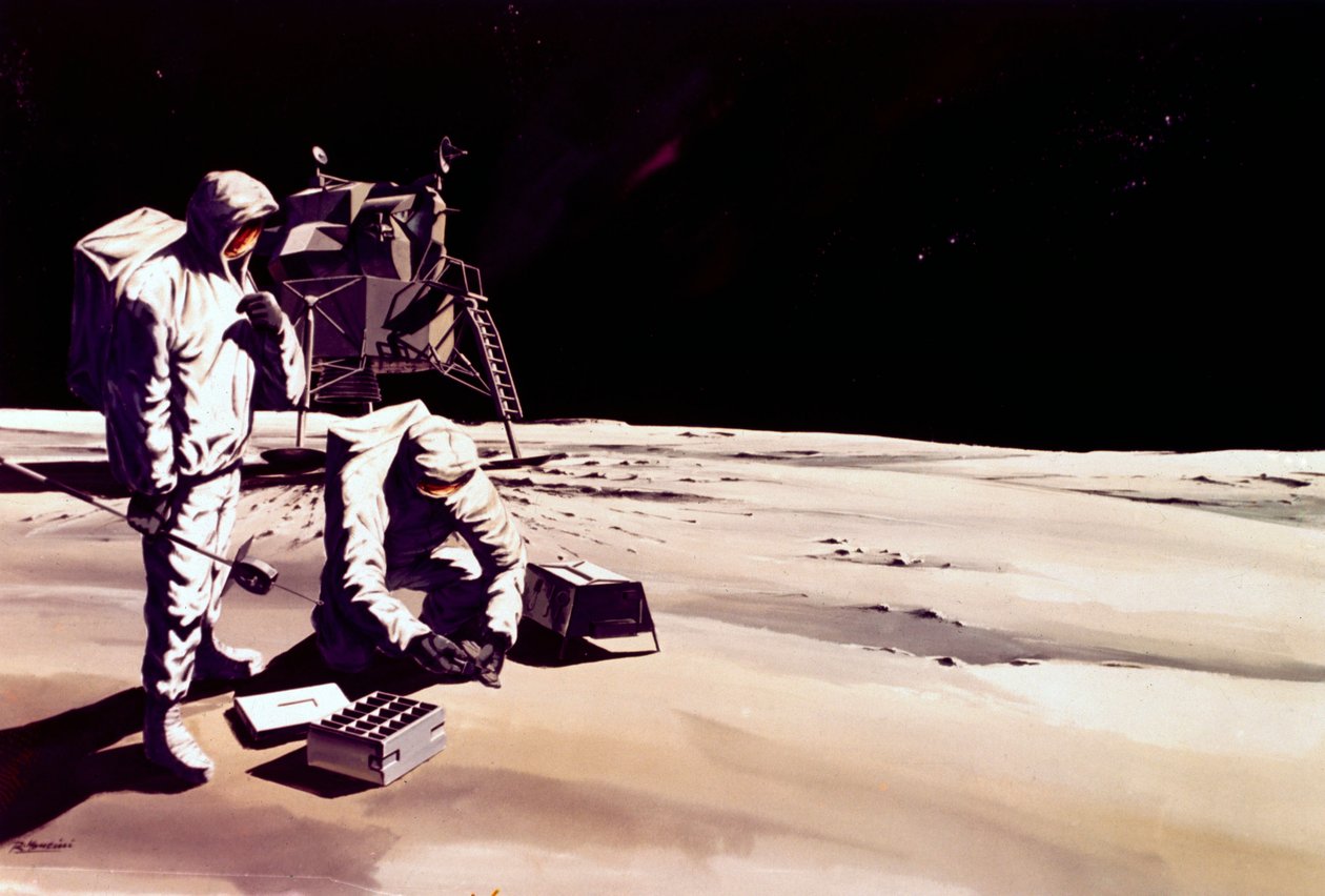 Miehitetty avaruuslento, USA, Apollo, General Artistin vaikutelma Kuussa työskentelevistä astronauteista tekijältä Ferdinand Georg Waldmuller