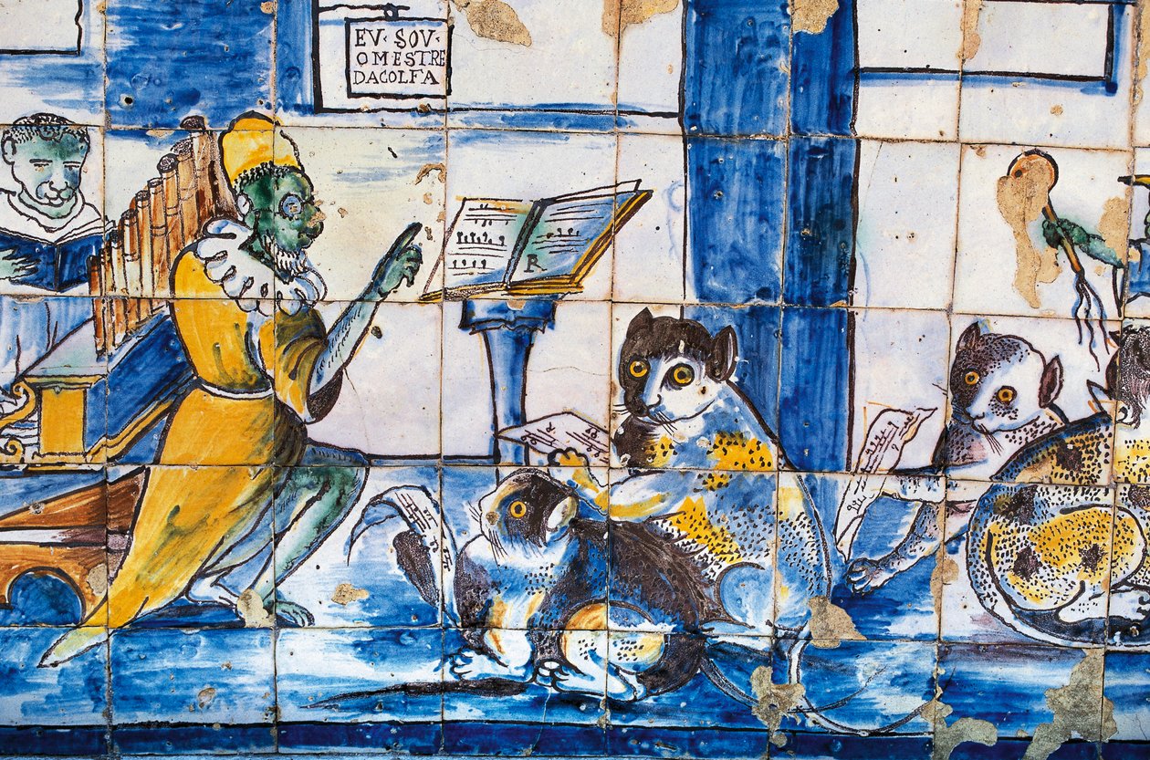 Musiikkitunti, antropomorfisia kissoja ja hiiriä, azulejos-laattoja, Marquis de Fronteiran palatsin puutarhoja tekijältä William Walcutt