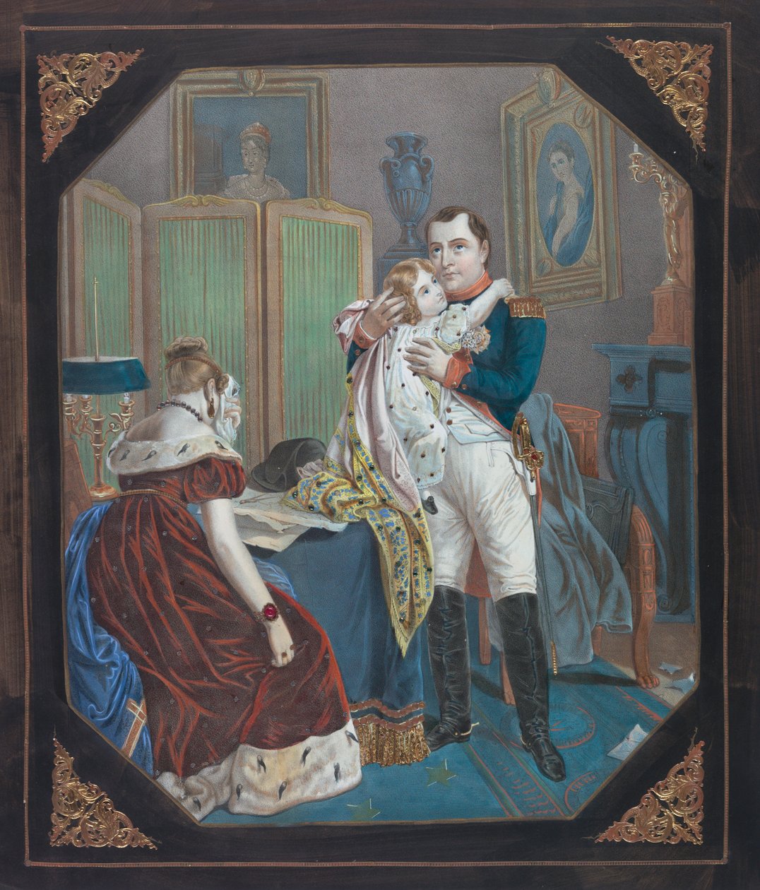Napoleon ja keisarinna Marie-Louise Rooman kuninkaan kanssa, n. 1860 (litografia) tekijältä . .