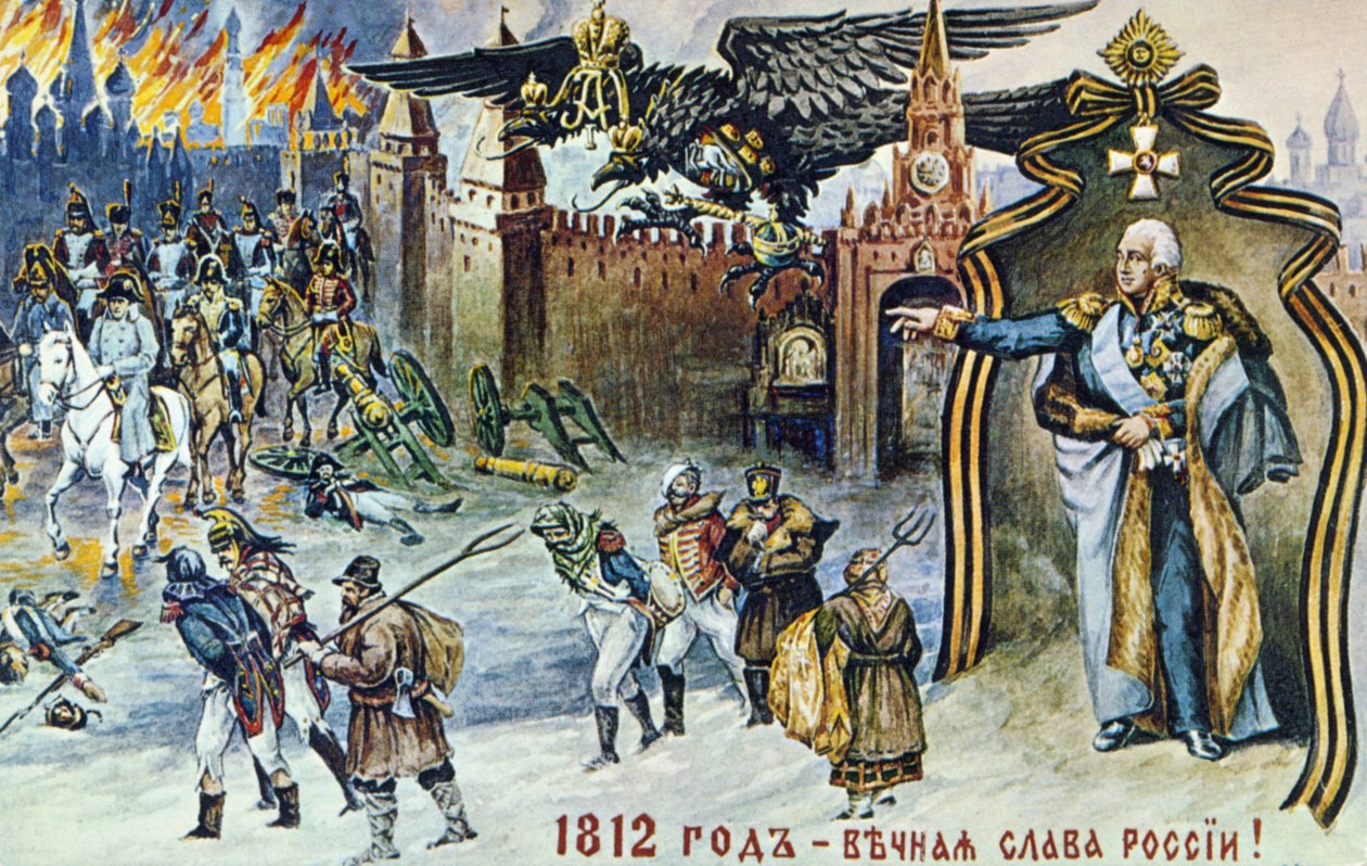 Napoleonin sota 1812, kuvaus Napoleonin vetäytymisestä Moskovasta Venäjän keisarillisen kaksipäisen kotkan ja tsaari Aleksanteri I:n valvonnassa. tekijältä Frederick (attr. to) Barnard