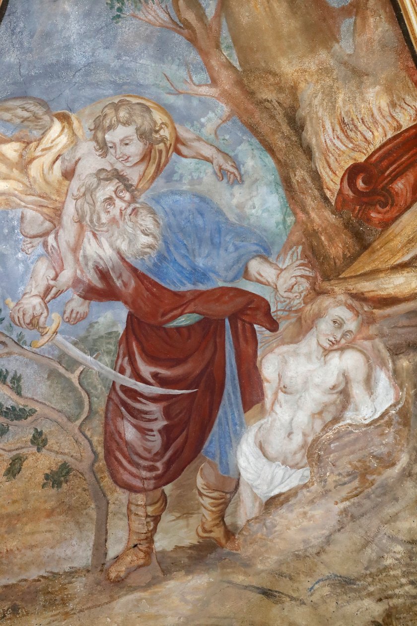 Cordonin Neitsyt Marian taivaaseenastumisen kirkko. Fresko. Jumala käskee Abrahamia uhraamaan poikansa Iisakin uhriksi. Ranska. Ranska. tekijältä . .
