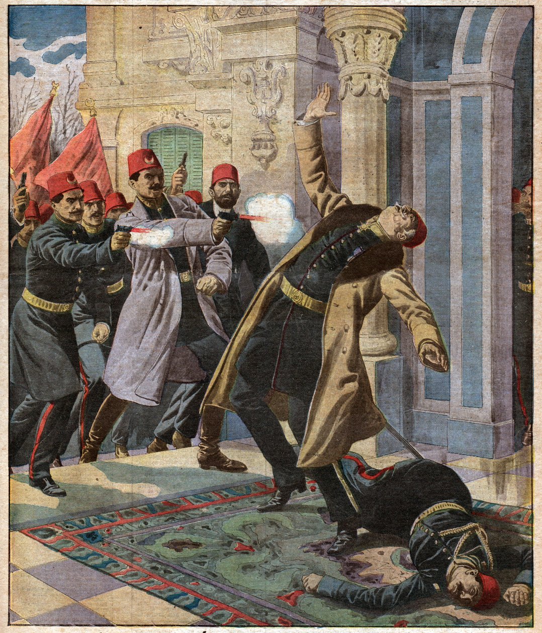 Ottomaanien vallankaappaus: Enver Pasha ja CUP hyökkäävät keisarilliseen palatsiin ja tappavat ministeri Nazin Pashan, 9. helmikuuta 1913 tekijältä Ferdinand Georg Waldmuller