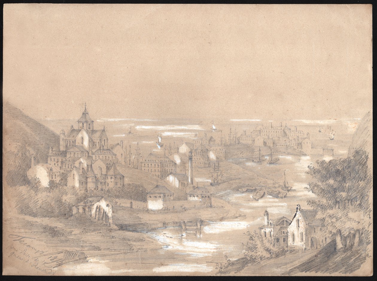 Panoraama Fecampin kaupungista Normandiassa. 1841 (piirustus) tekijältä . .