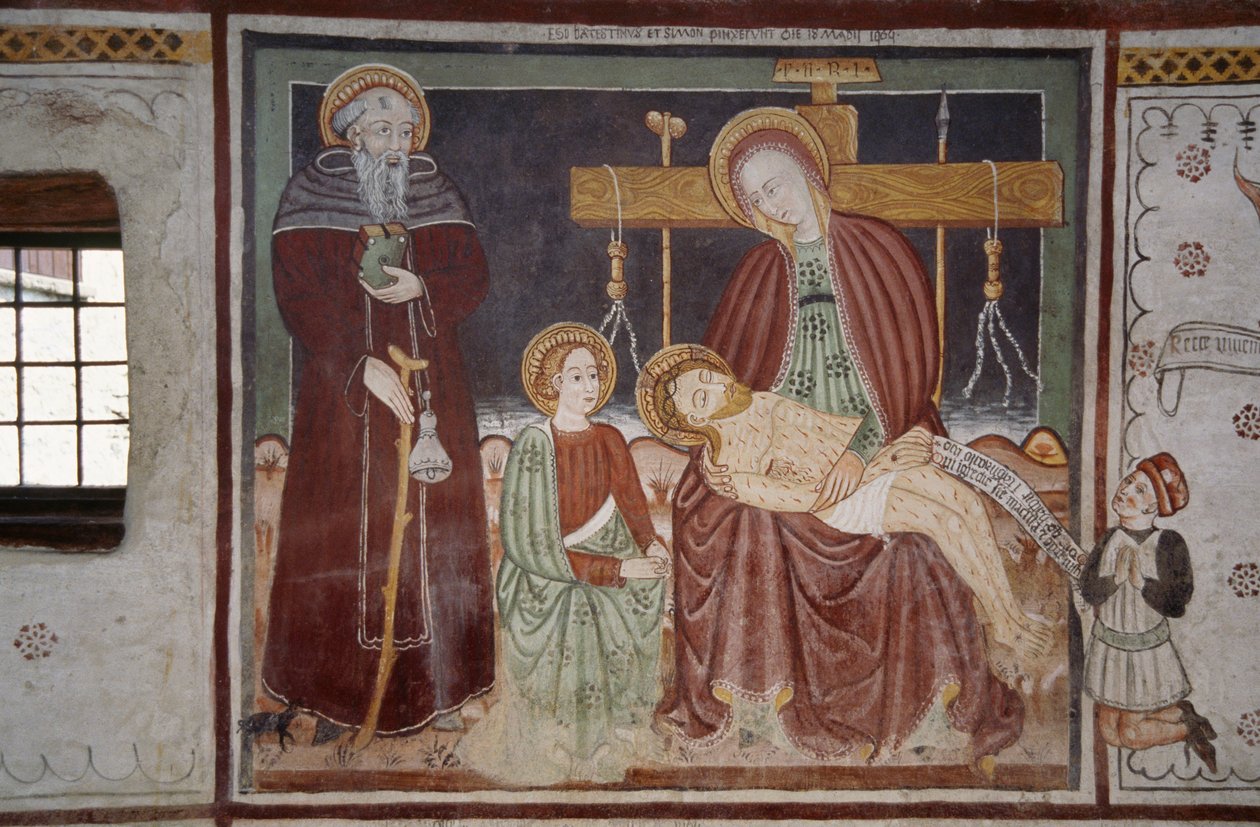 Pieta St Bernardin ja asiakkaan kanssa, fresko (1400-luku), Villin miehen talo (Uomo Selvatico), Sacco, Cosio Valtellina, Lombardia, Italia tekijältä Georg Carl Heinrich Dollmann