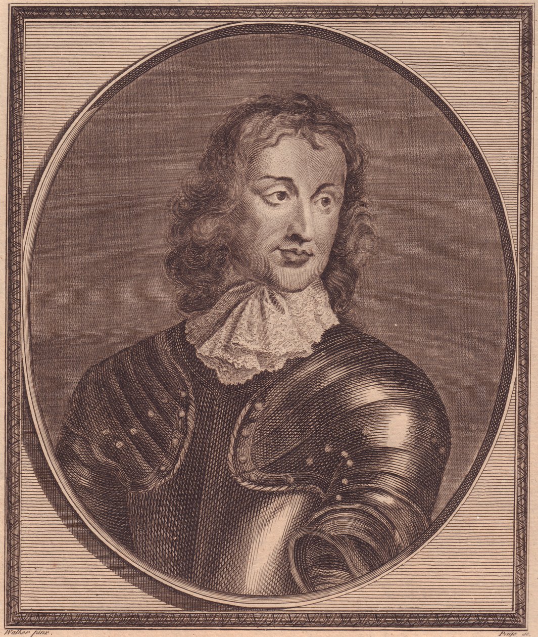 Brittikenraalin ja poliitikon John Lambertin (1619-1684) muotokuva, John Goldarin (1729-1795) kuparikaiverrus Robert Walkerin maalauksesta tekijältä William Walcutt