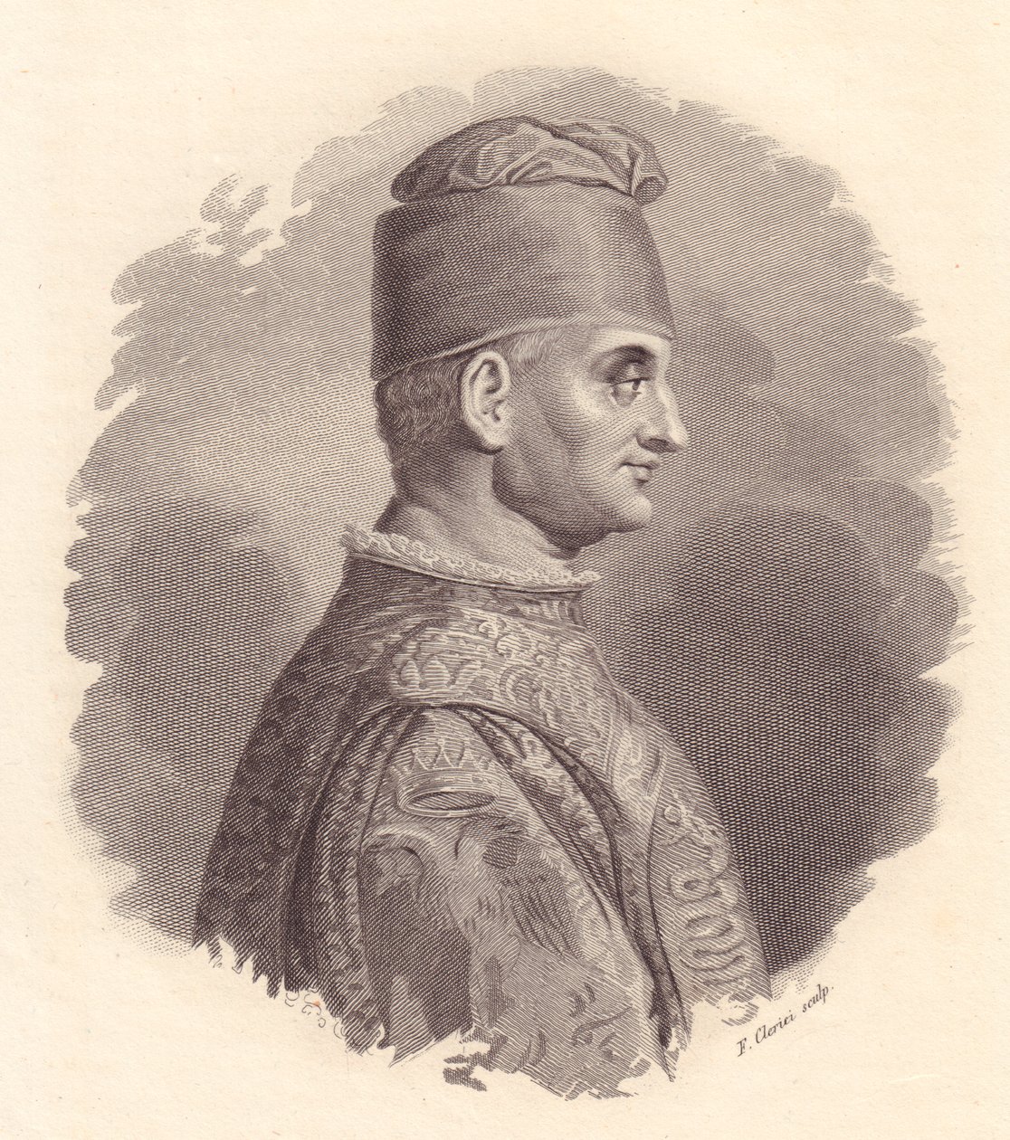 Milanon herttua Filippo Maria Viscontin (1392-1447) muotokuva, F Clericin kuparikaiverrus Antonio Campon julkaisemasta muotokuvasta tekijältä William Walcutt