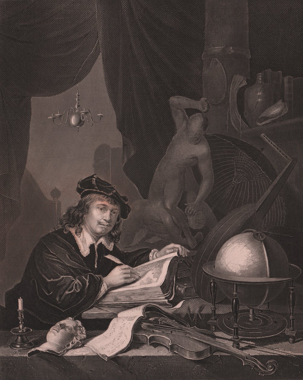 Hollantilaisen taidemaalari Gerrit Doun (1613-1675) muotokuva, Albert Henry Painen kaiverrus Gerrit Dou -maalauksesta Paynen kuninkaallisesta Dresdenin galleriasta, Albert Henry Payne, H Payne Dresden ja Leipzig Publisher, noin 1840 tekijältä William Walcutt