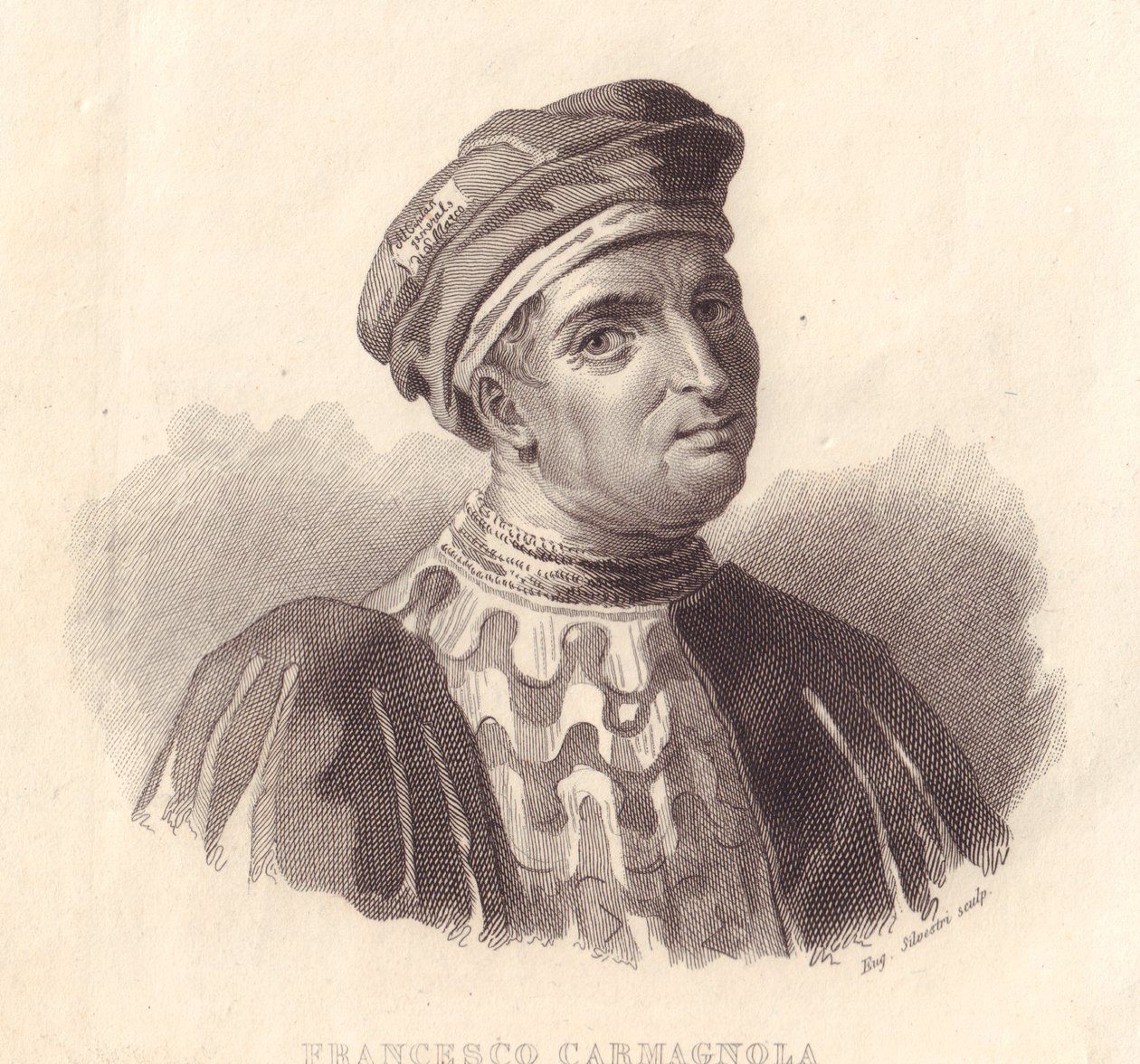 Italian sotilasjohtajan Francesco da Bussonen muotokuva, joka tunnetaan myös nimellä Carmagnola (1380-1432), E Silvestrin kuparikaiverrus maalauksesta tekijältä William Walcutt