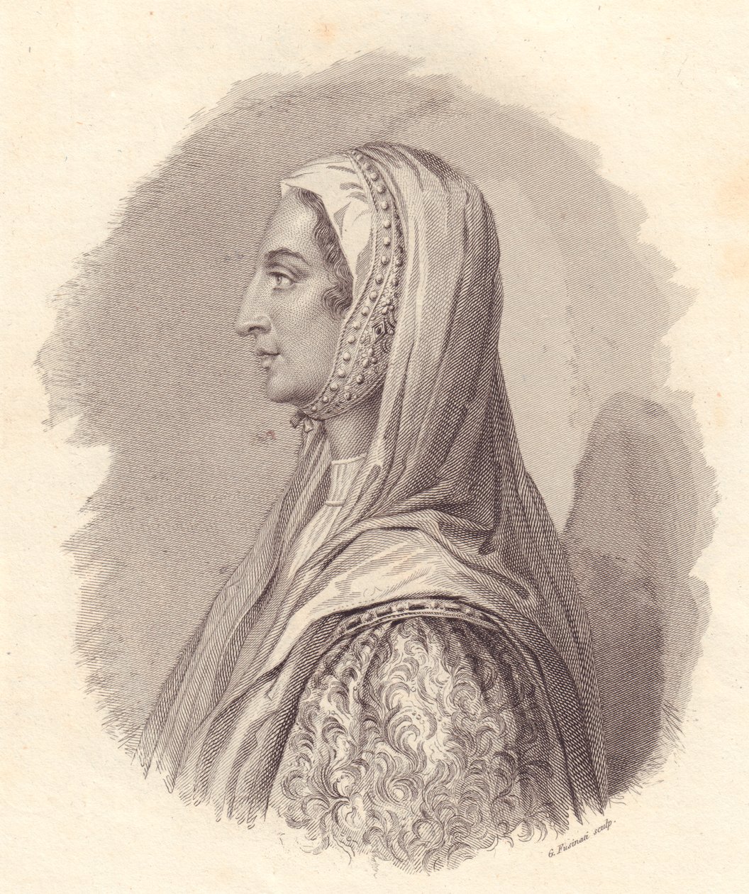 Italian aatelisnaisen Beatrice Lascaris di Tendan (1372-1418) muotokuva, G Fusinatin kuparikaiverrus Antonio Campon julkaisemasta muotokuvasta tekijältä William Walcutt