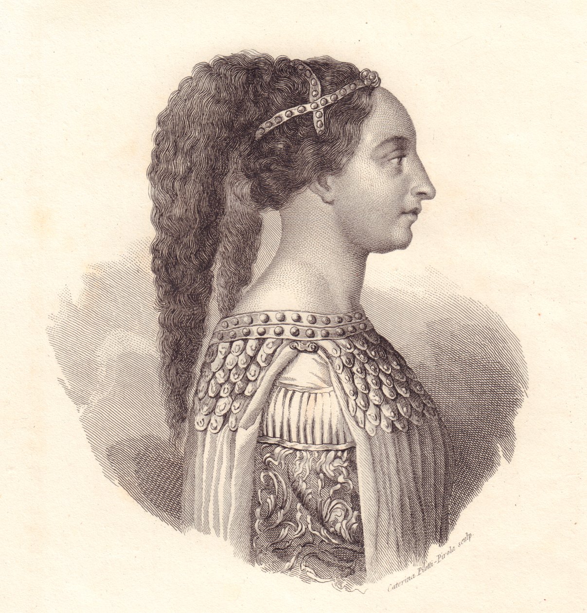 Italian aatelisnaisen Isotta degli Attin (noin 1432-1474) muotokuva, Caterina Piotti-Pirolan kuparikaiverrus tekijältä William Walcutt