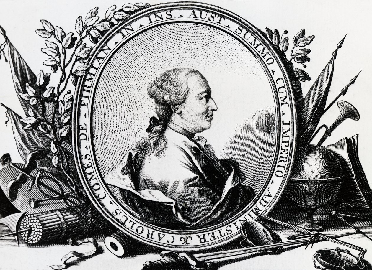 Itävaltalaisen poliitikon Karl Joseph von Firmianin (1716-1782) muotokuva, kaiverrus tekijältä William Walcutt