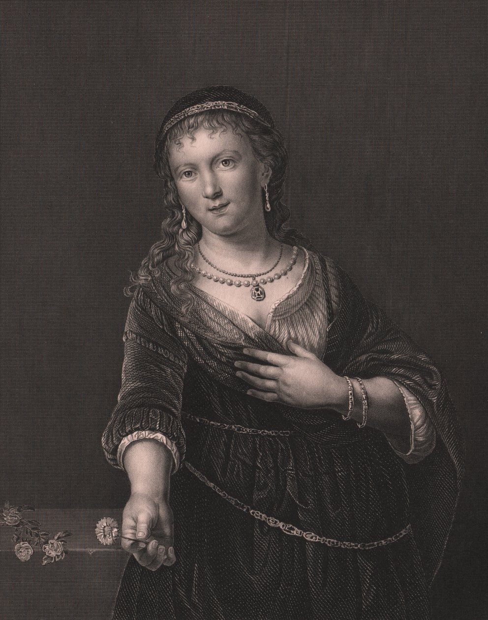 Muotokuva Saskia van Uylenburghista (1612-1642), Rembrandtin vaimo, kaiverrus Daniel John Pound Rembrandtin maalauksesta, Paynen kuninkaallisesta Dresdenin galleriasta, Albert Henry Payne, H Payne Dresden ja Leipzig Publisher, noin 1840 tekijältä William Walcutt