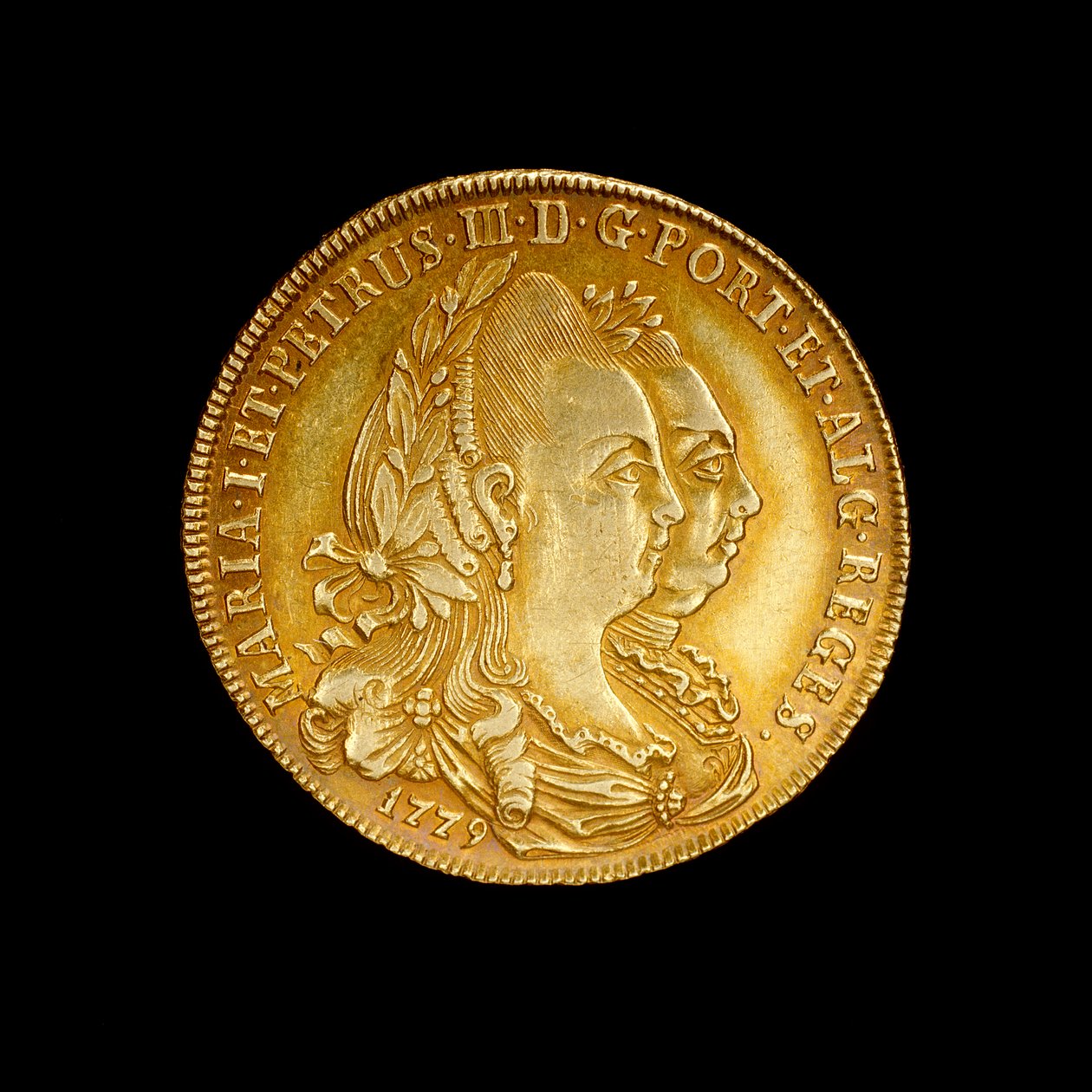Portugalin kolikko, jossa on kuvattu kuningatar Maria I ja hänen kuninkaan puolisonsa Pedro III tekijältä Hippolyte Lalaise Devéria