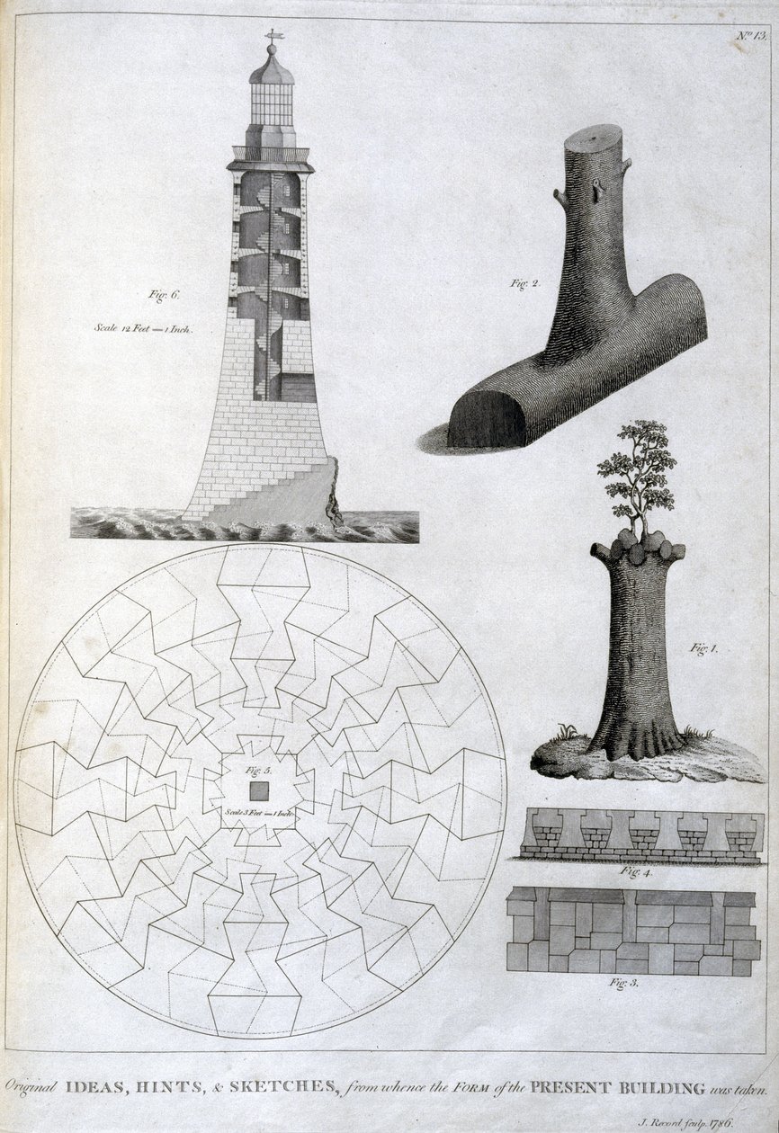 Alustavat luonnokset Smeatonin Eddystonen majakasta, n. 1756 tekijältä Ferdinand Georg Waldmuller