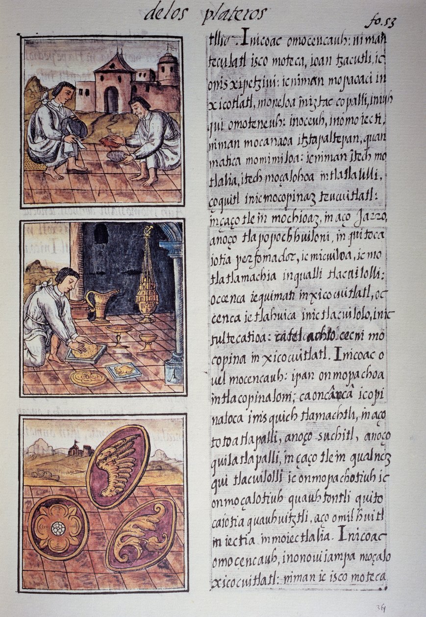Pöytä- ja kilpituotanto, sivu Firenzen Codexista, kaksikielinen versio espanjaksi ja nahuatliksi, Uuden Espanjan asioiden yleinen historia, espanjalainen lähetyssaarnaaja Fray Bernardino de Sahagun. Atsteekkien sivilisaatio tekijältä Georg Carl Heinrich Dollmann