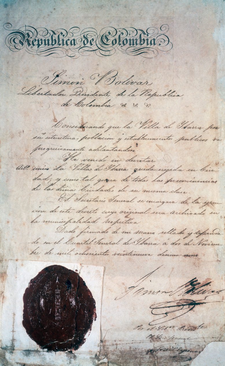 Laki, jolla Simon Bolivar julisti San Miguel de Ibarran kaupungin, ympäröivän maakunnan pääkaupungin, tuolloin osaksi Suur-Kolumbiaa (nykyään Ecuador), 2. marraskuuta tekijältä Georg Carl Heinrich Dollmann