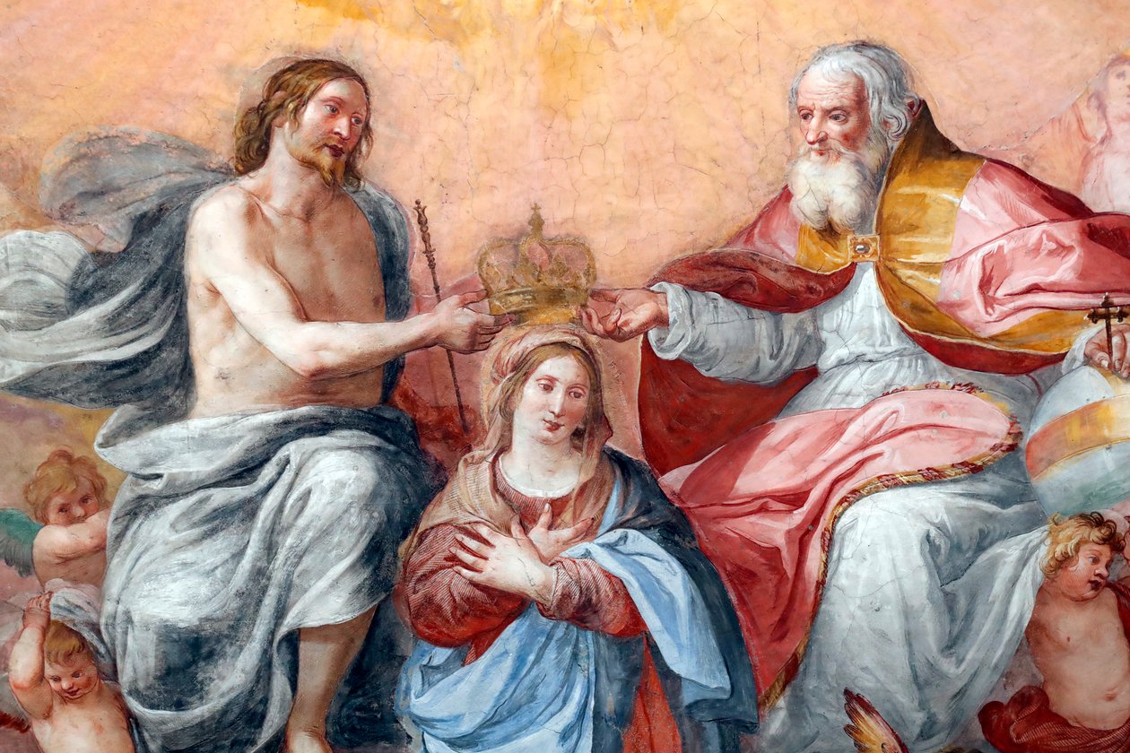 Neitsyen kruunaus. Tuore. Santissima Annunziata del Vastaton basilika. Genova. Italia. tekijältä . .
