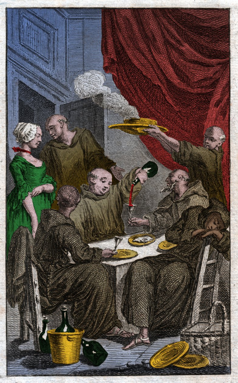 Munkkien juhla, joka rikkoo luostarisääntöjä. He juovat viiniä, kosistelevat piikoja. 1700-luku (kaiverrus) tekijältä . .