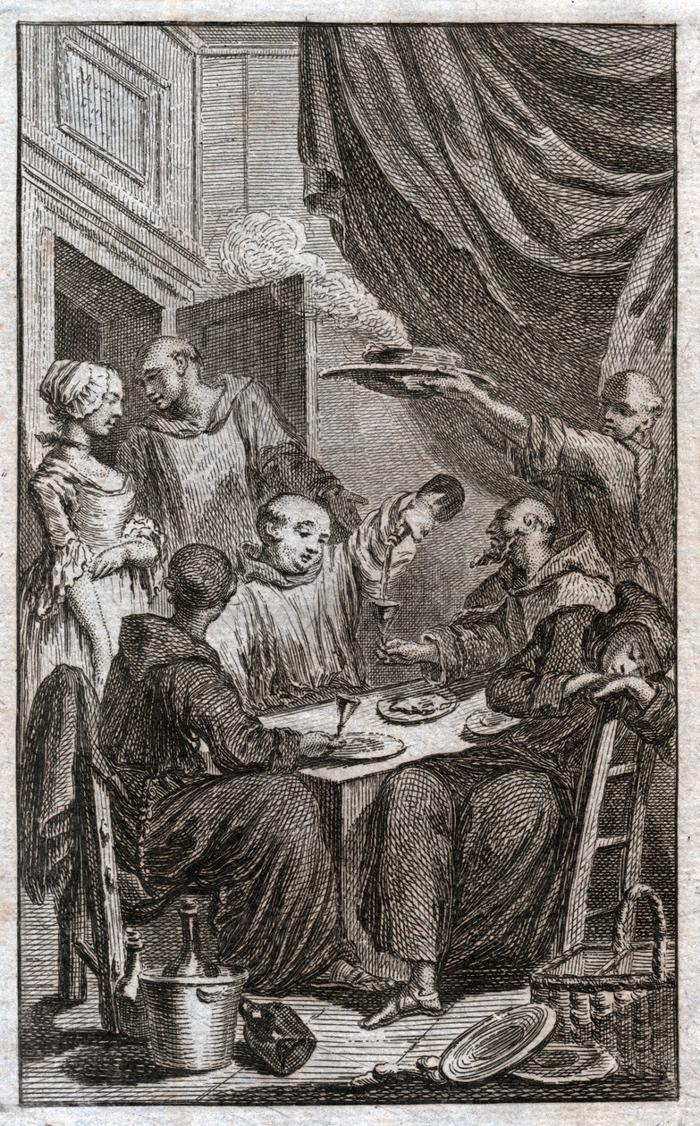 Munkkien juhla, joka rikkoo luostarisääntöjä. He juovat viiniä, kosistelevat piikoja. 1700-luku (kaiverrus) tekijältä . .